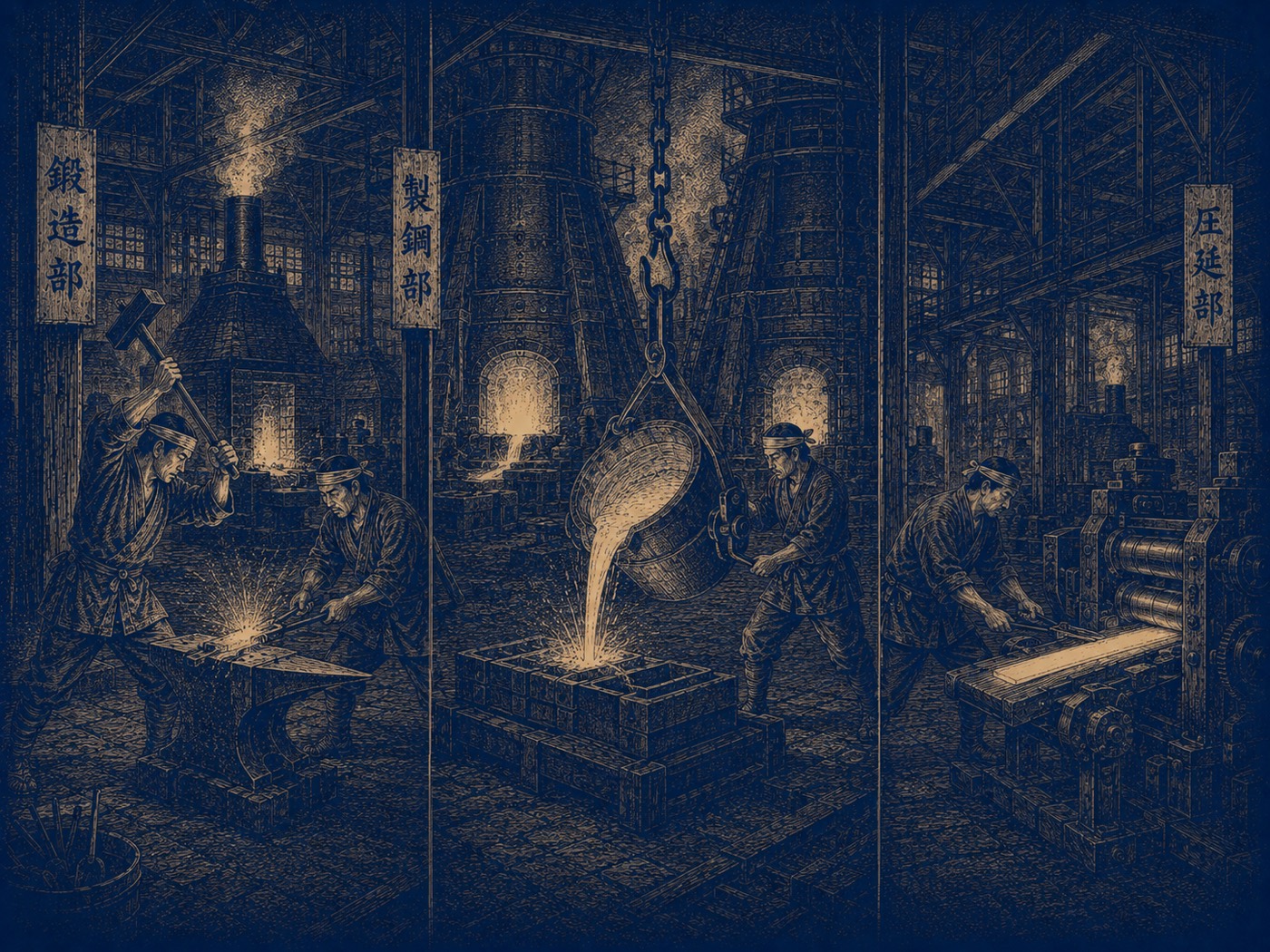 Four workers forging, casting, and rolling metal in parallel across an engraved deep-blue workshop