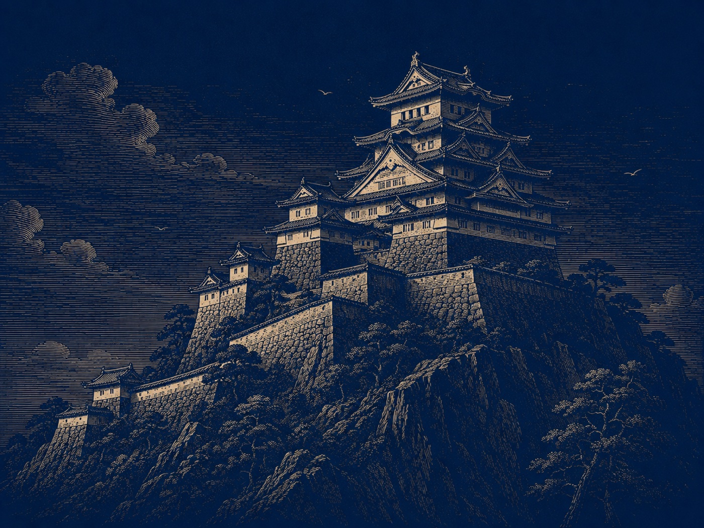 An illuminated castle with many rooms above a deep blue landscape