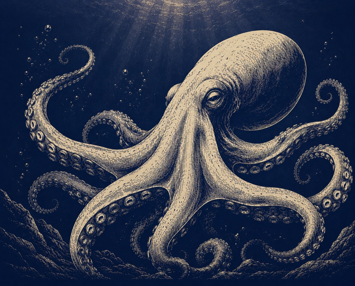 An art-deco kraken rising through deep blue water